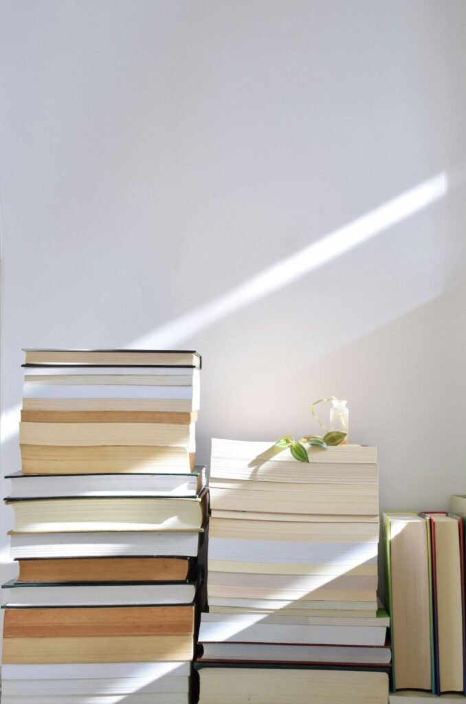Pilas de libros sobre el suelo, con la luz de la ventana