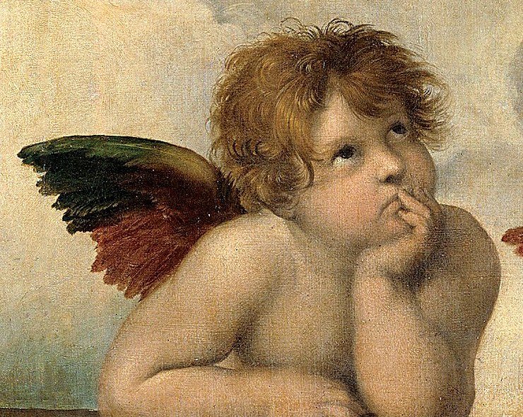 Detalle de un angelito de la Madonna Sixtina, de Rafael, con la mano en la barbilla